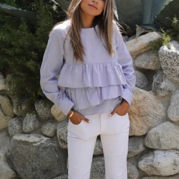 Sincerely Jules pinstripe ruffle front Victoria blouse size medium - Picture 6 of 13